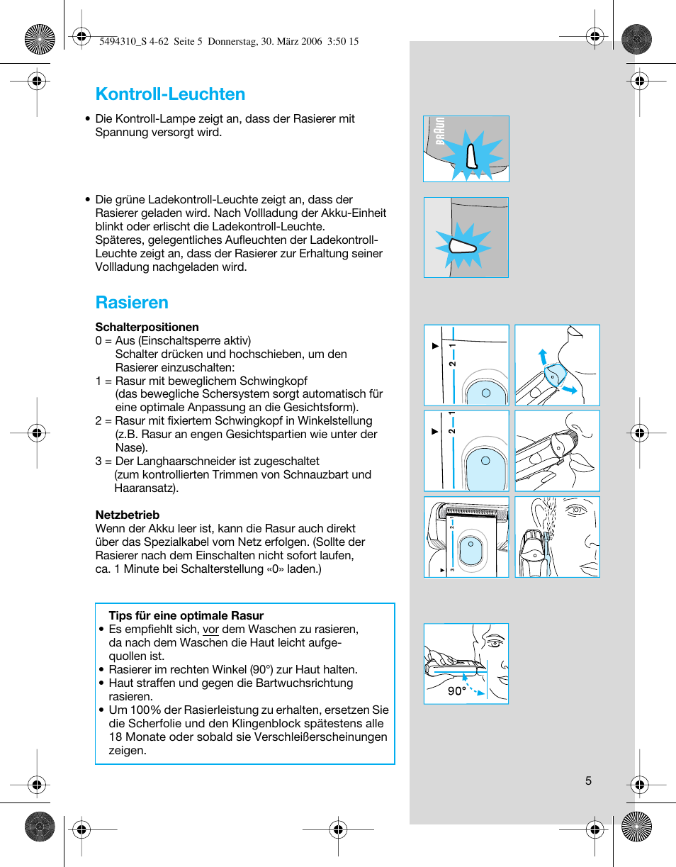 Kontroll-leuchten, Rasieren | Braun 7475 Syncro User Manual | Page 5 / 59