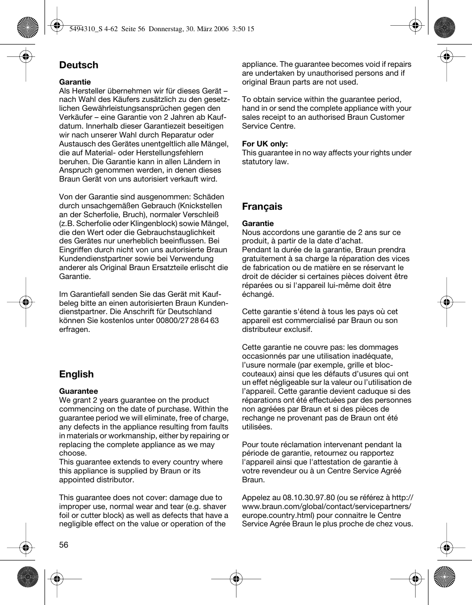 Braun 7475 Syncro User Manual | Page 56 / 59