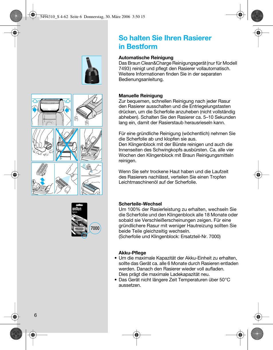 So halten sie ihren rasierer in bestform | Braun 7475 Syncro User Manual | Page 6 / 59