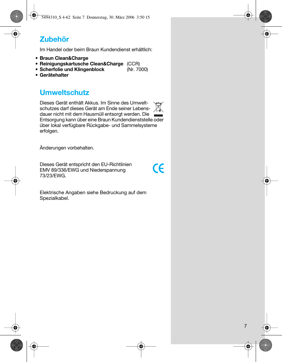 Zubehör, Umweltschutz | Braun 7475 Syncro User Manual | Page 7 / 59