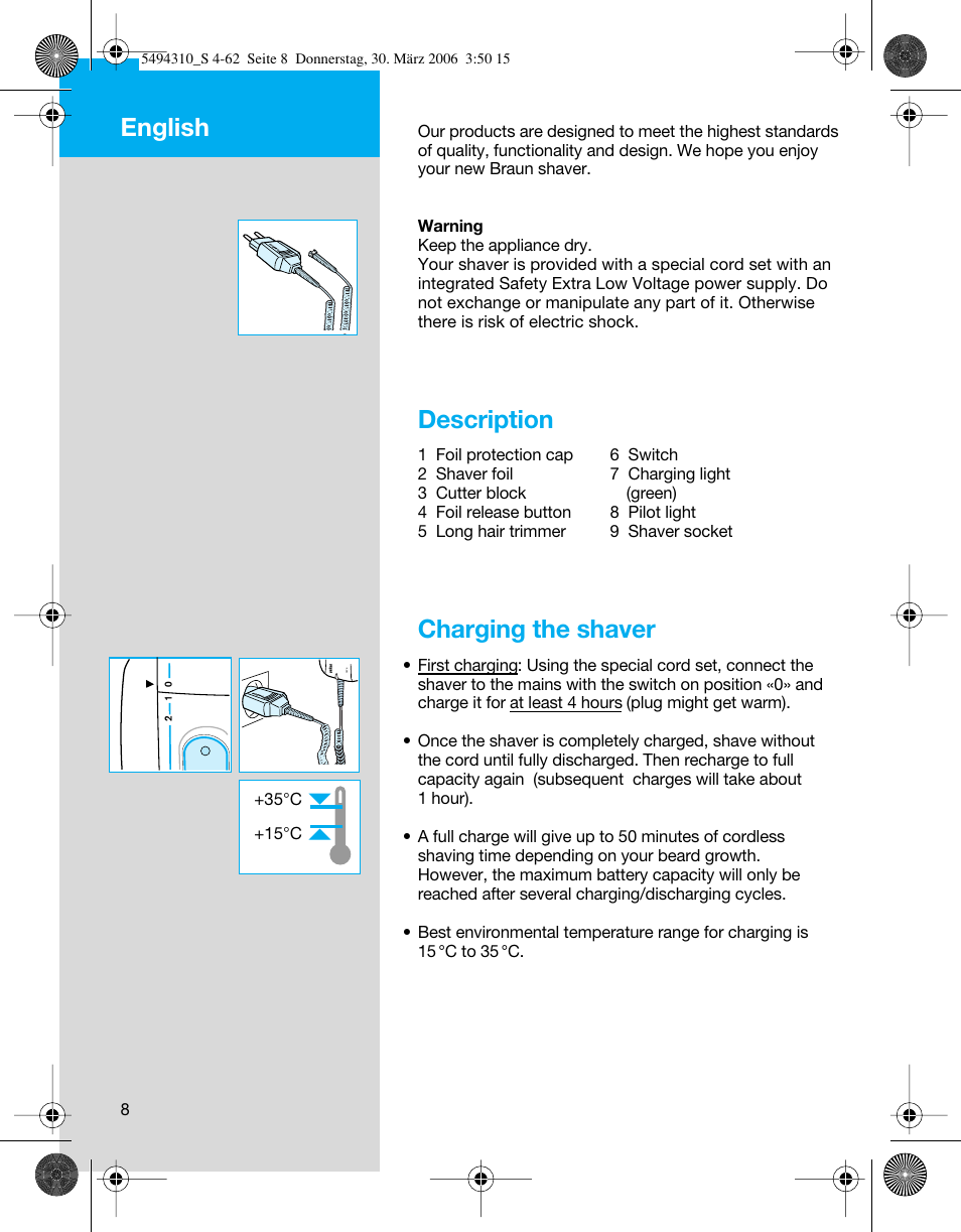 Description, Charging the shaver, English | Braun 7475 Syncro User Manual | Page 8 / 59
