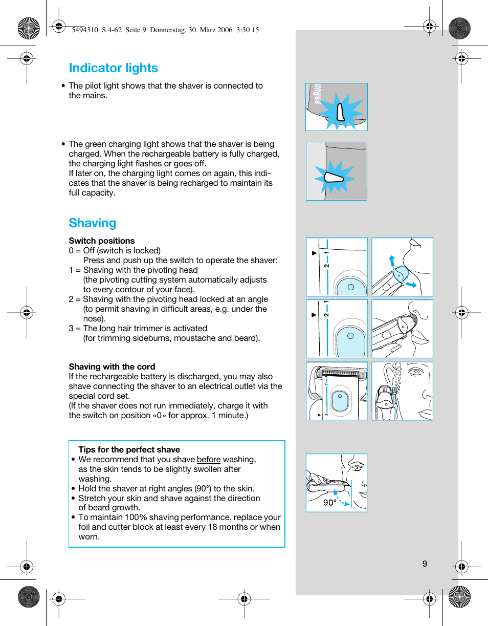 Indicator lights, Shaving | Braun 7475 Syncro User Manual | Page 9 / 59