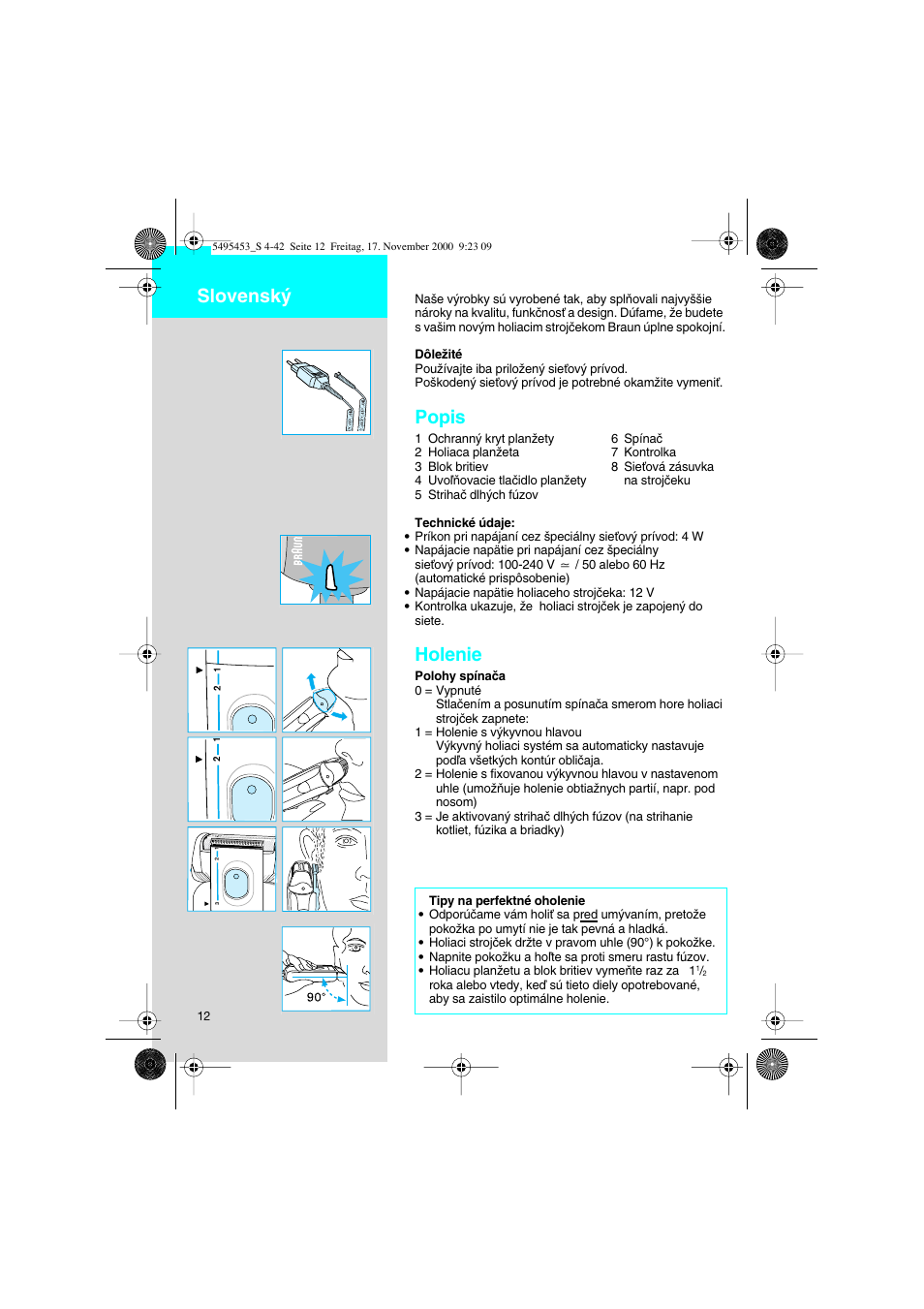 Slovensky, Popis, Holenie | Slovensk | Braun 7015 Syncro User Manual | Page 12 / 38
