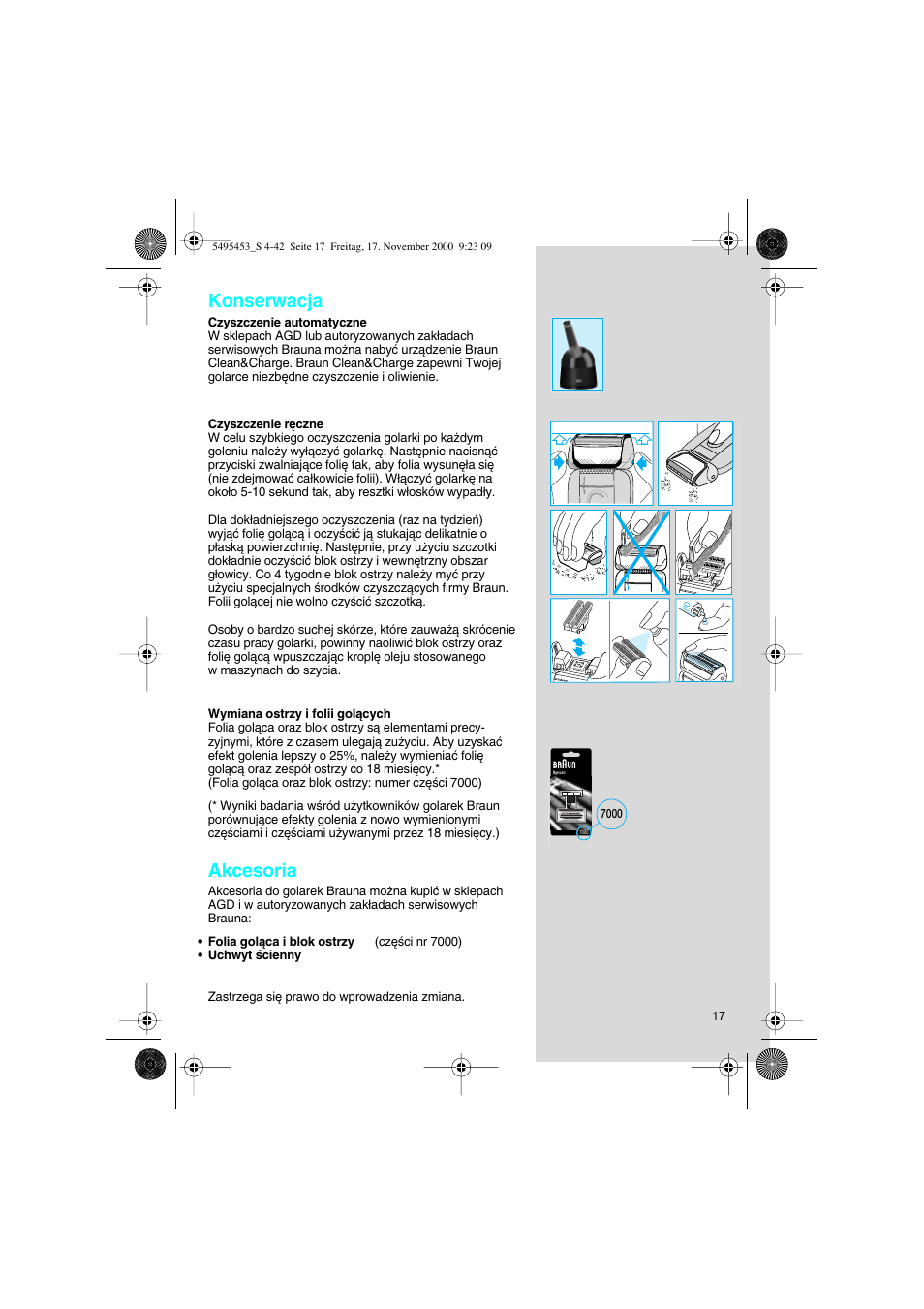 Konserwacja, Akcesoria | Braun 7015 Syncro User Manual | Page 17 / 38