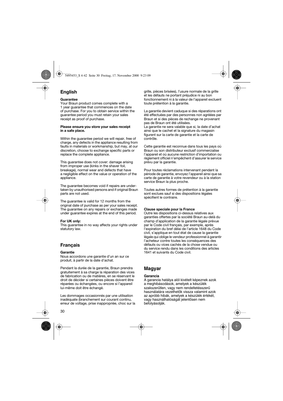 English, Français, Magyar | Braun 7015 Syncro User Manual | Page 30 / 38