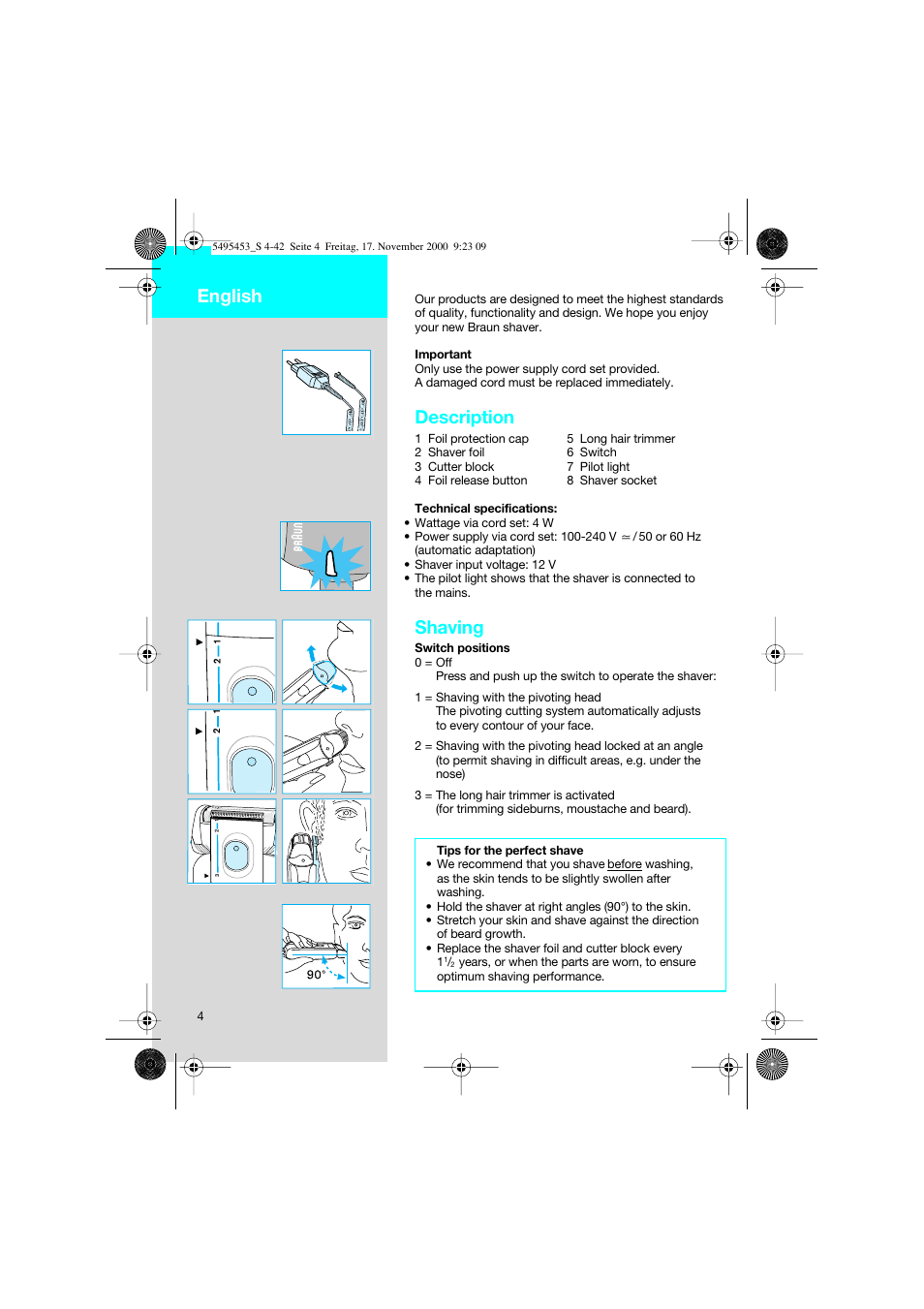 English, Description, Shaving | Braun 7015 Syncro User Manual | Page 4 / 38