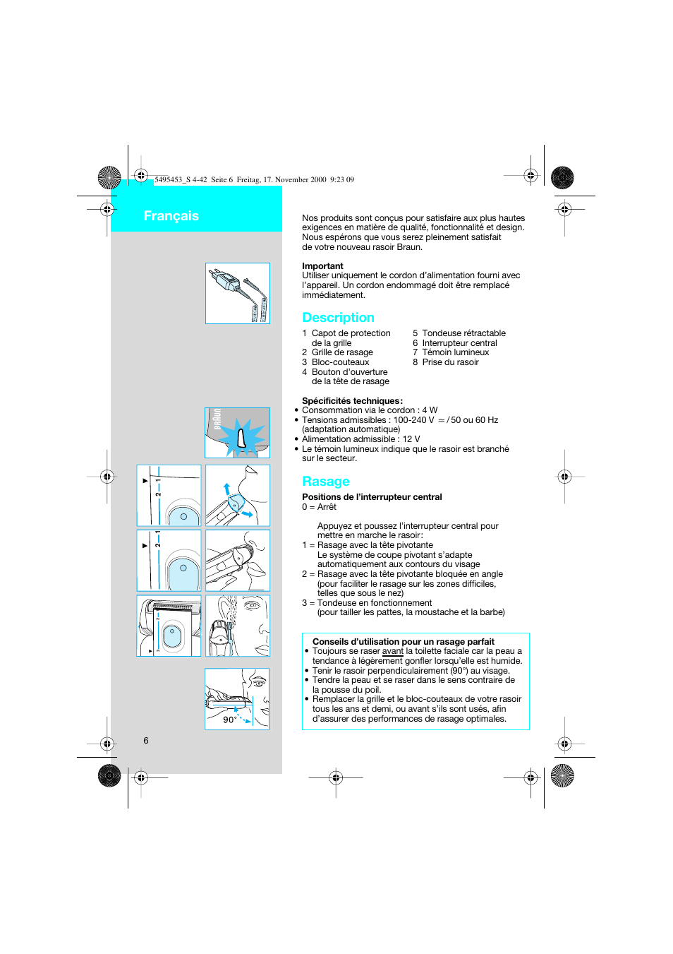 Français, Description, Rasage | Braun 7015 Syncro User Manual | Page 6 / 38