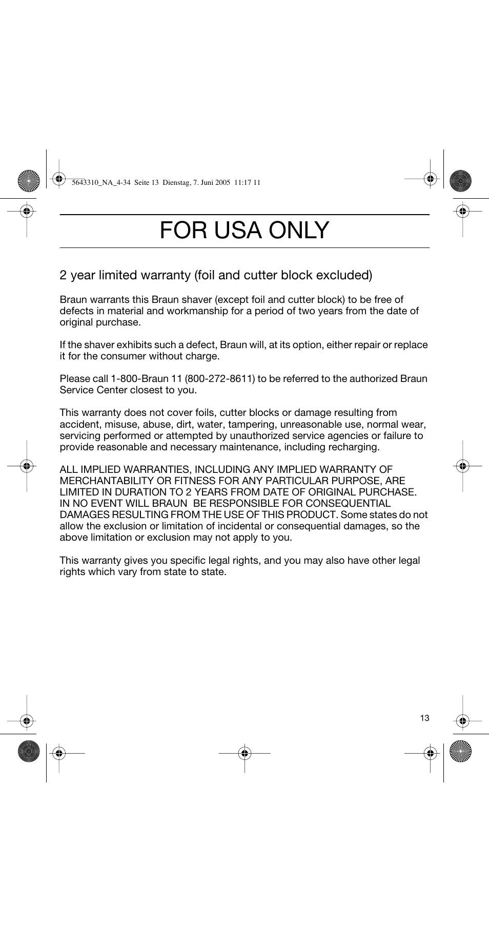 For usa only | Braun 8595 Activator User Manual | Page 13 / 34