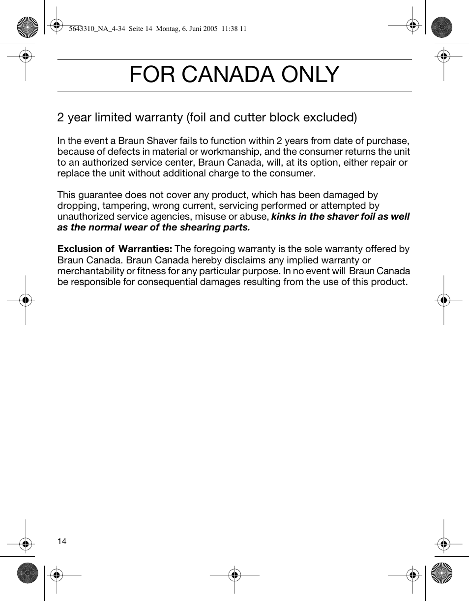 For canada only | Braun 8595 Activator User Manual | Page 14 / 34