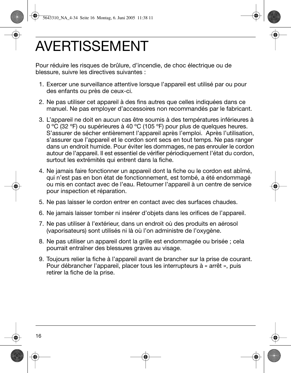 Avertissement | Braun 8595 Activator User Manual | Page 16 / 34