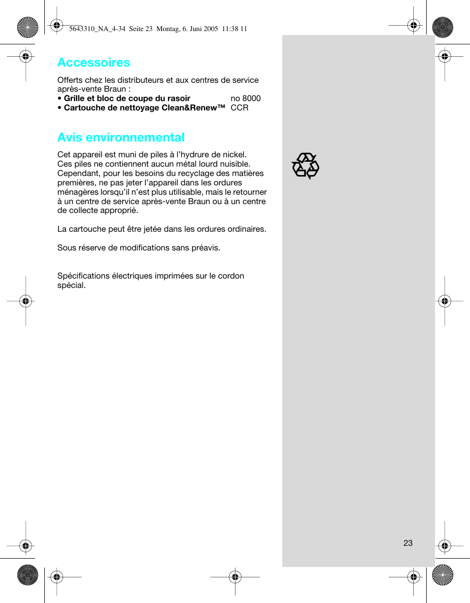 Accessoires, Avis environnemental | Braun 8595 Activator User Manual | Page 23 / 34