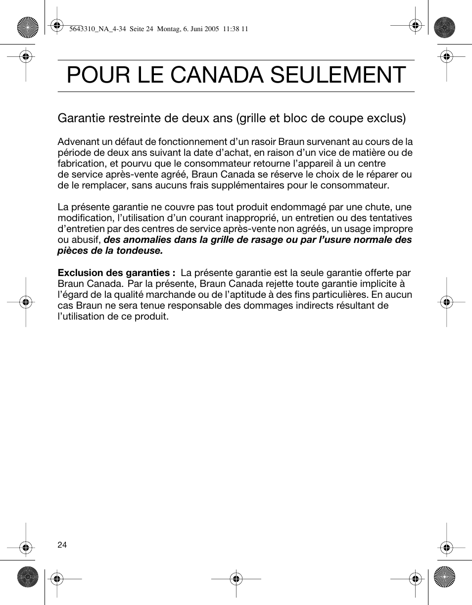 Pour le canada seulement | Braun 8595 Activator User Manual | Page 24 / 34