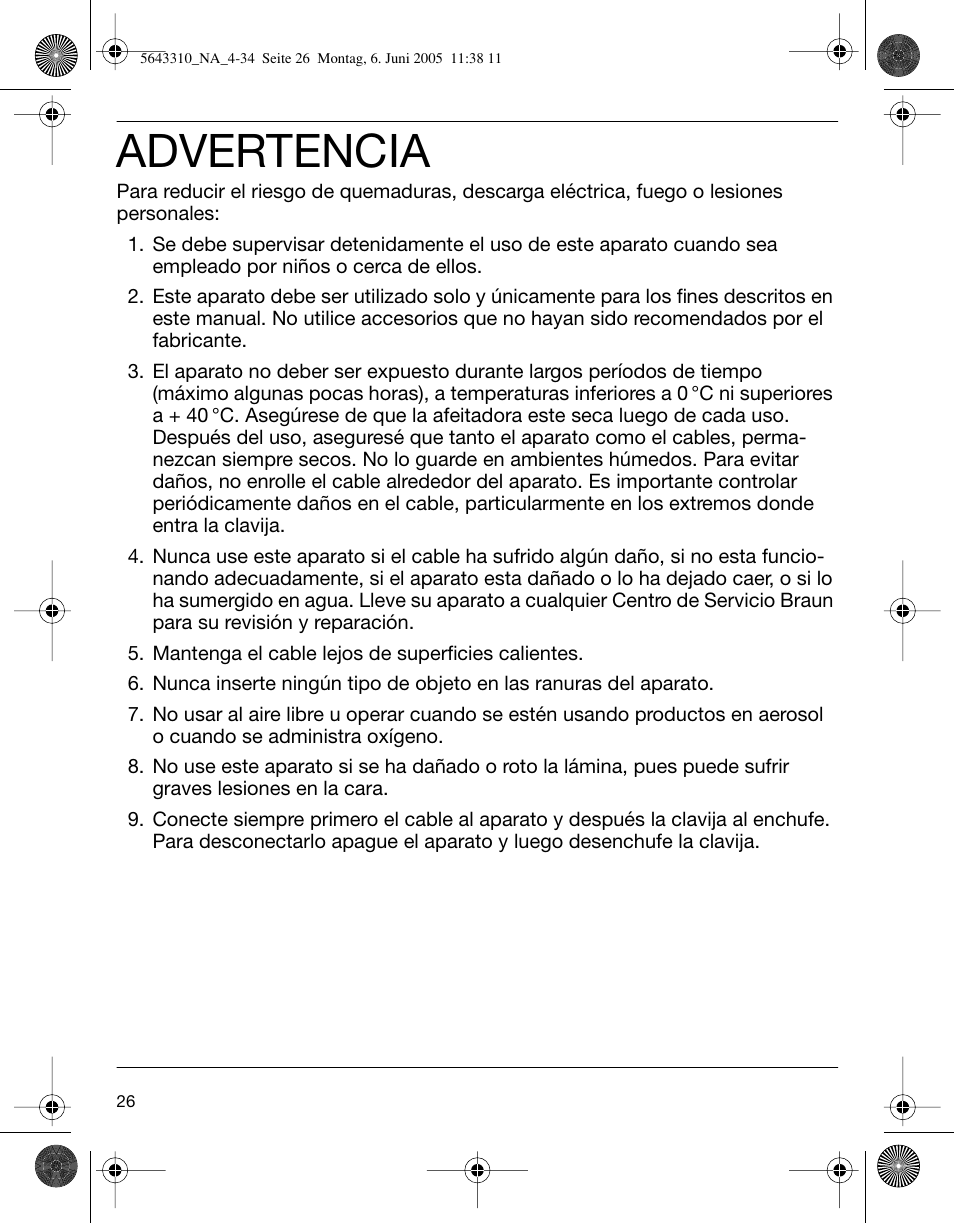 Advertencia | Braun 8595 Activator User Manual | Page 26 / 34