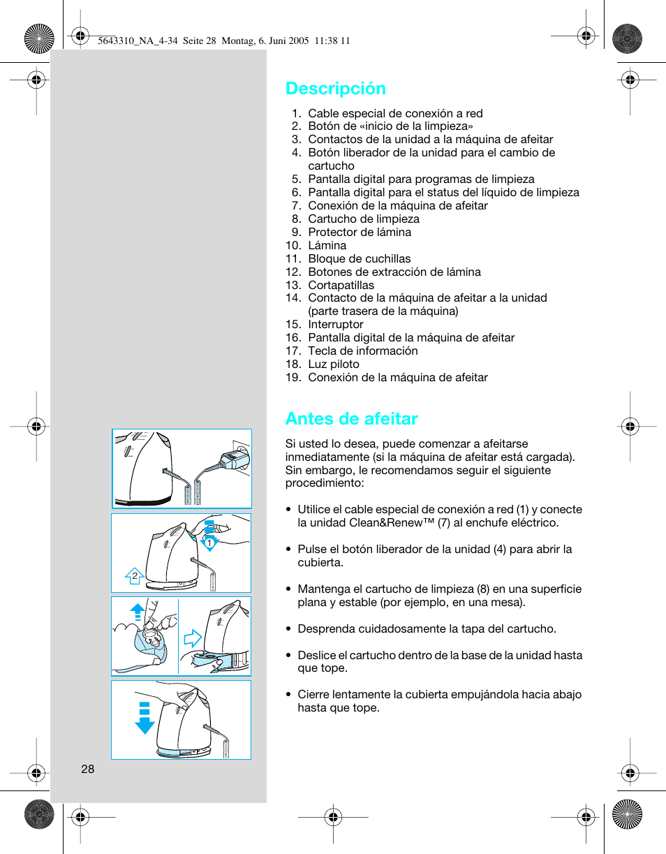 Descripción, Antes de afeitar | Braun 8595 Activator User Manual | Page 28 / 34