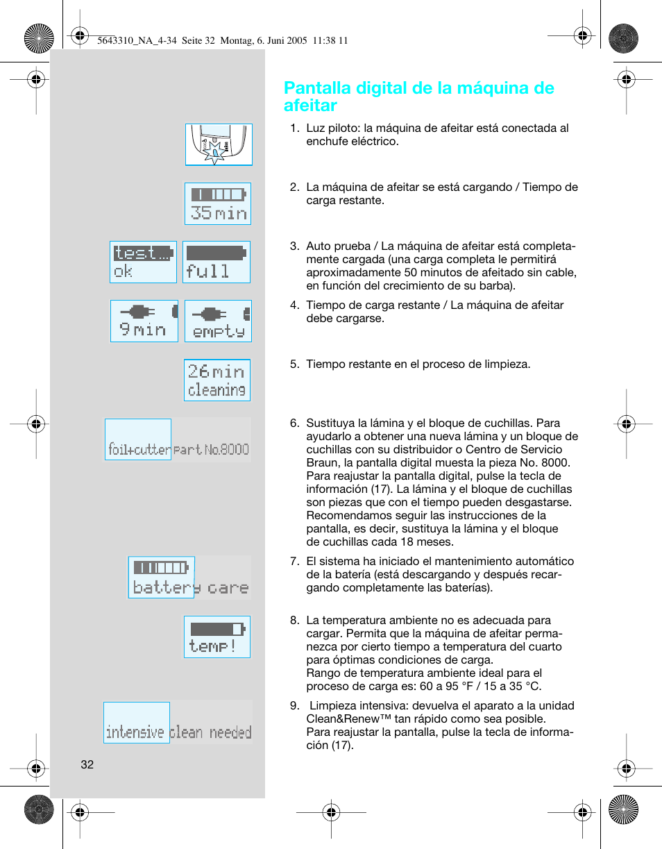 Pantalla digital de la máquina de afeitar | Braun 8595 Activator User Manual | Page 32 / 34