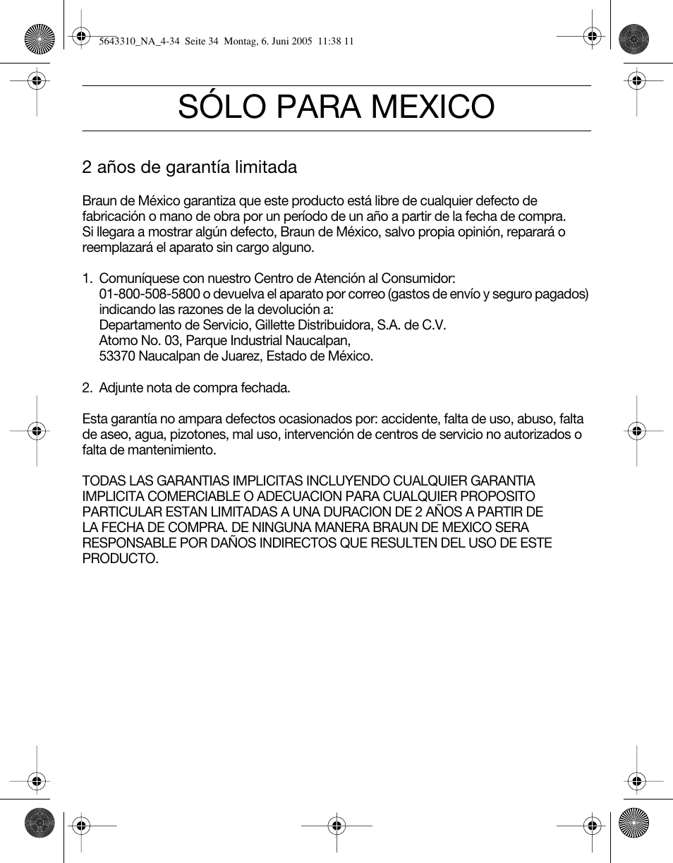 Sólo para mexico | Braun 8595 Activator User Manual | Page 34 / 34