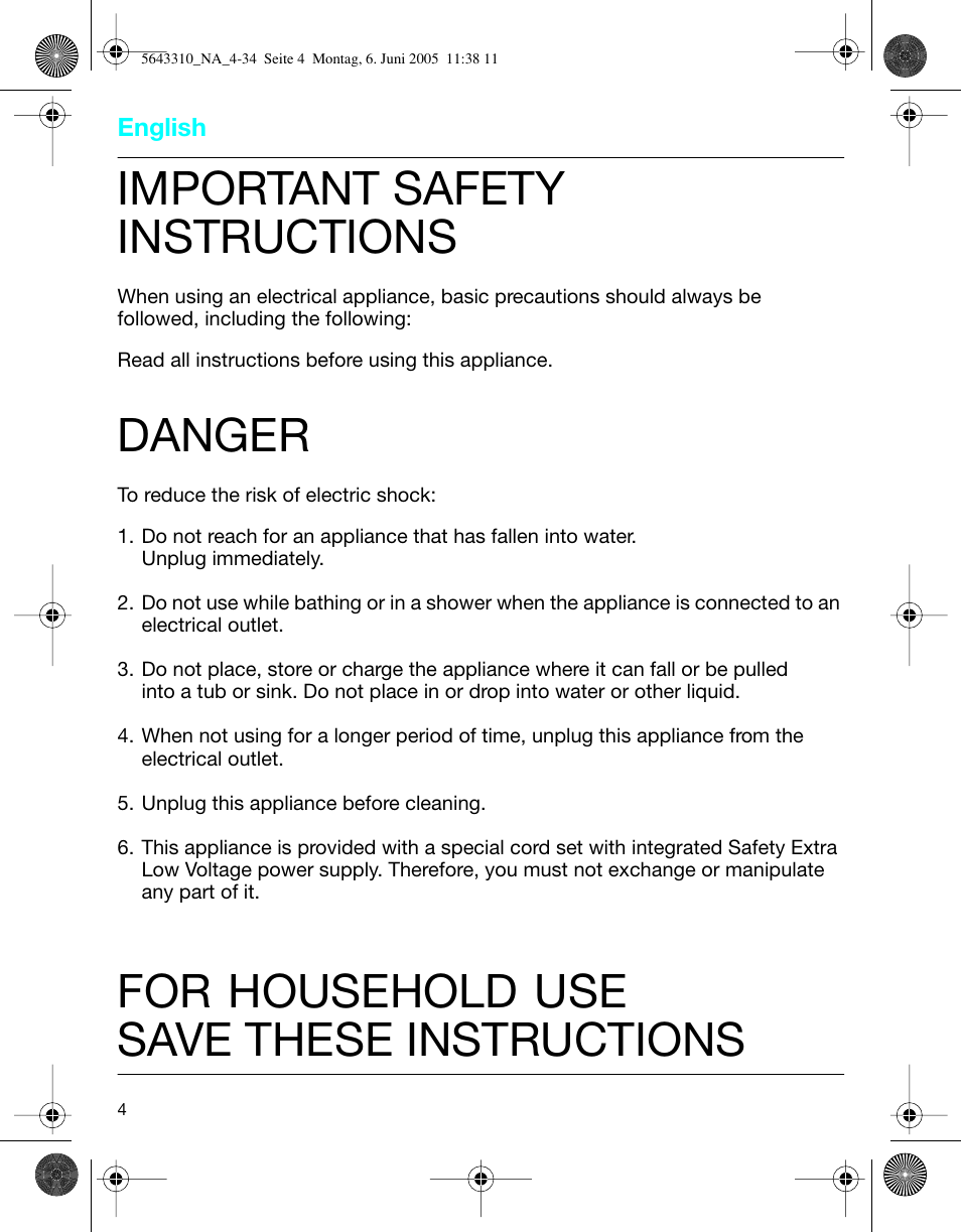 Important safety instructions, Danger, For household use save these instructions | Braun 8595 Activator User Manual | Page 4 / 34