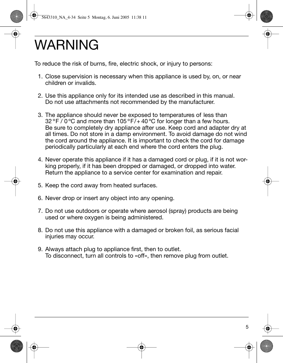 Warning | Braun 8595 Activator User Manual | Page 5 / 34