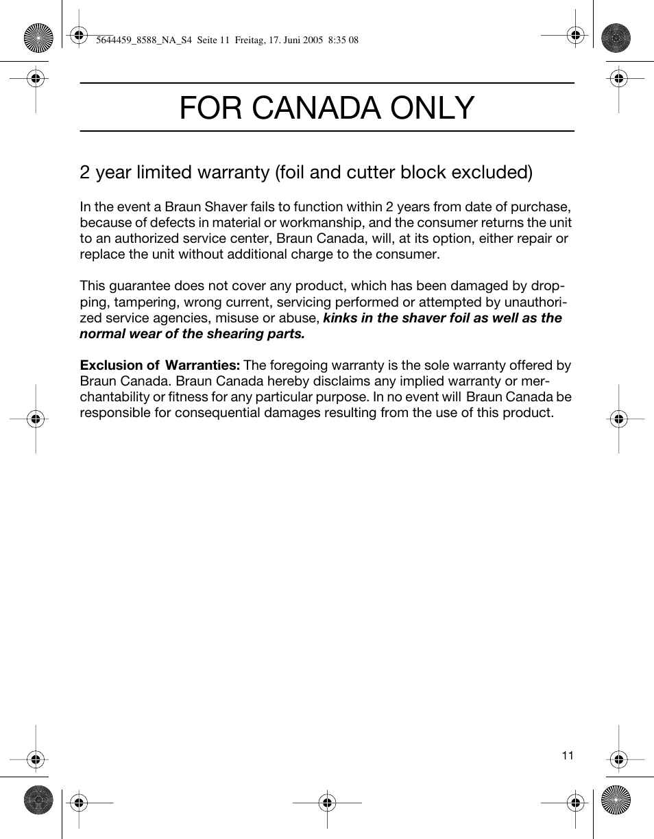For canada only | Braun 8588 Activator  EU User Manual | Page 11 / 25