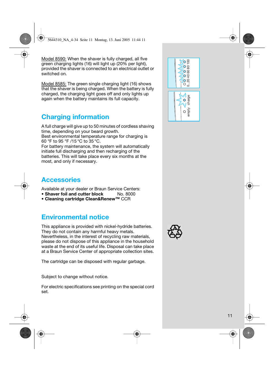 Charging information, Accessories, Environmental notice | Braun 8585 Activator  EU User Manual | Page 11 / 32