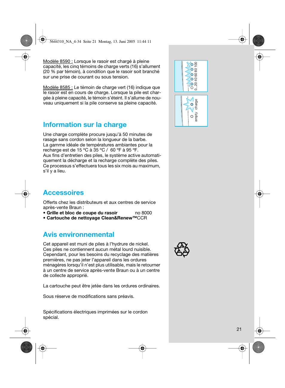 Information sur la charge, Accessoires, Avis environnemental | Braun 8585 Activator  EU User Manual | Page 21 / 32