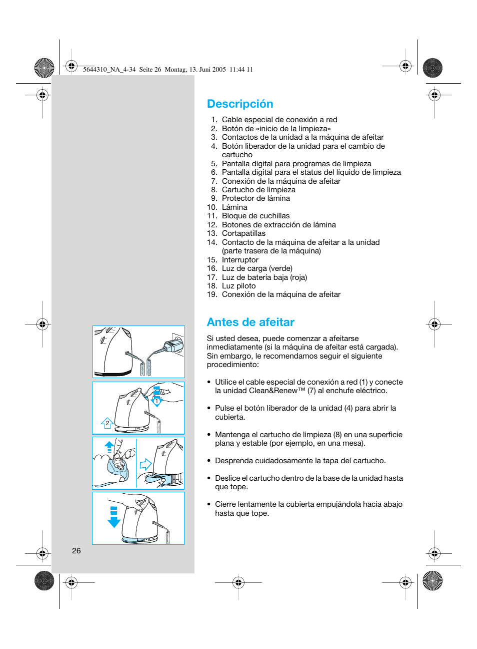 Descripción, Antes de afeitar | Braun 8585 Activator  EU User Manual | Page 26 / 32