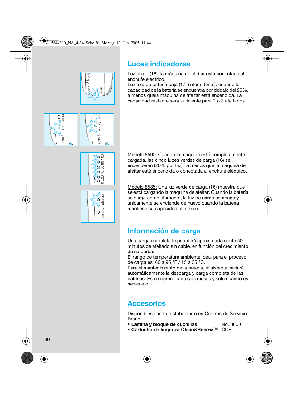 Luces indicadoras, Información de carga, Accesorios | Braun 8585 Activator  EU User Manual | Page 30 / 32