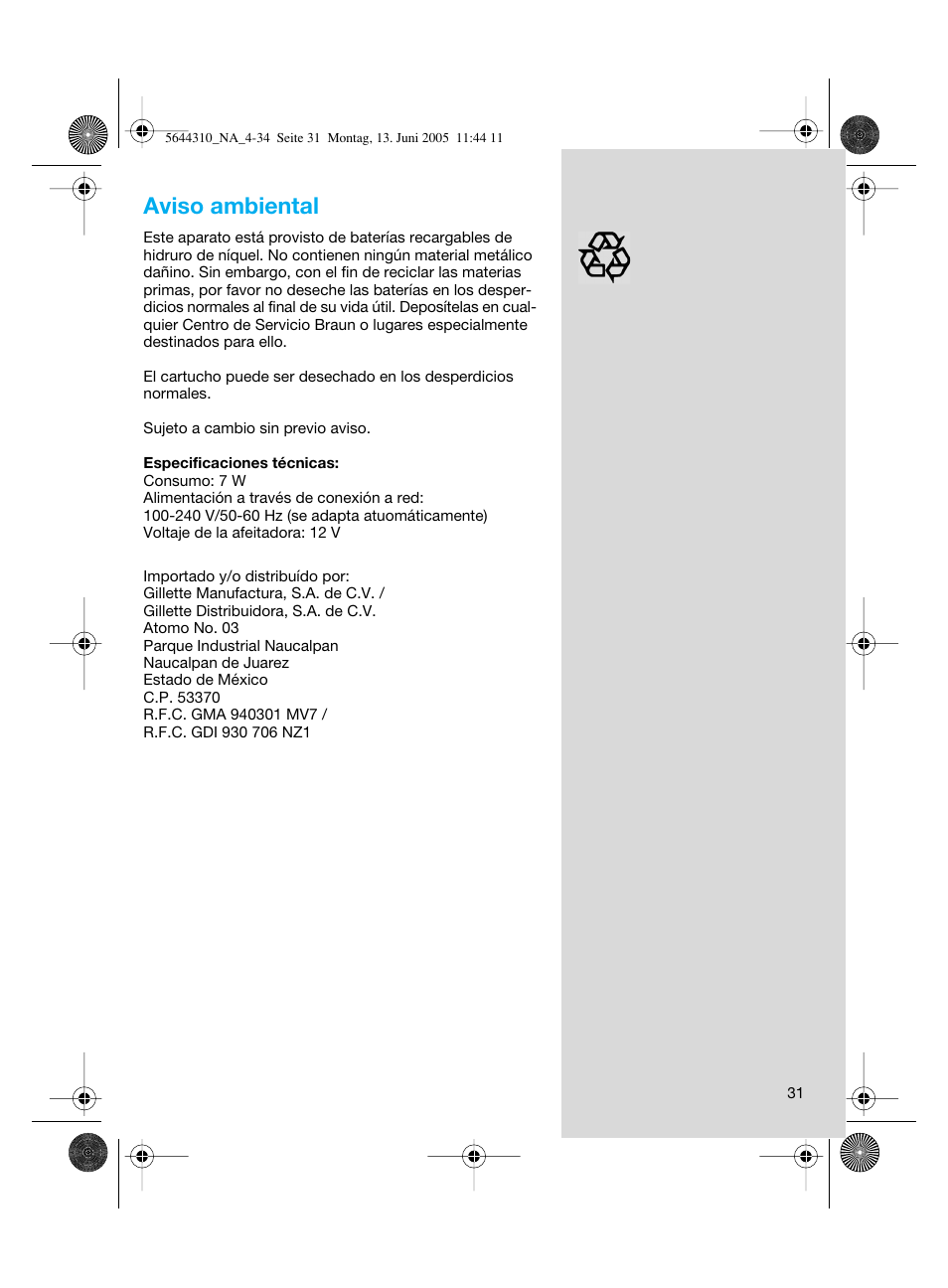 Aviso ambiental | Braun 8585 Activator  EU User Manual | Page 31 / 32