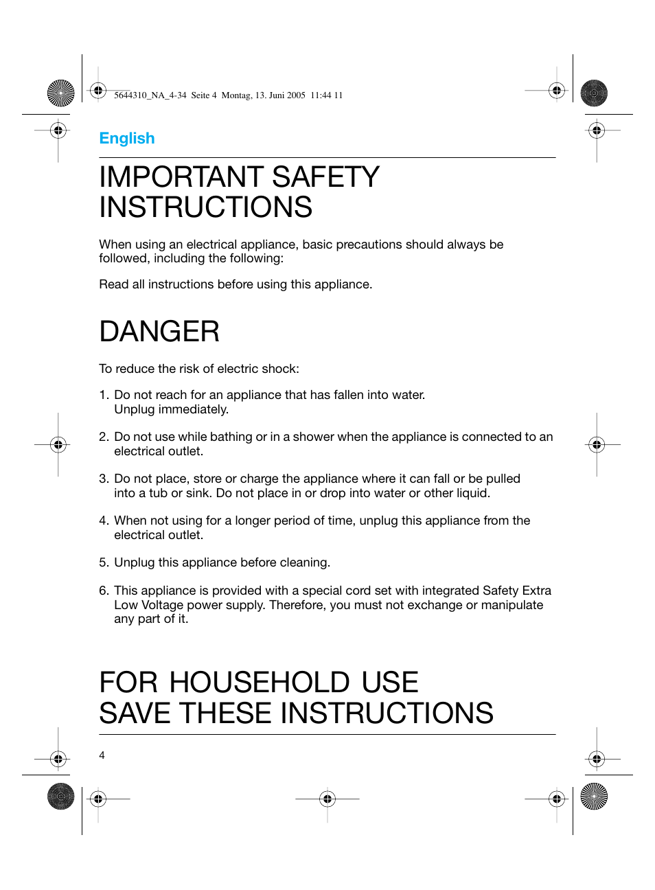 Important safety instructions, Danger, For household use save these instructions | Braun 8585 Activator  EU User Manual | Page 4 / 32