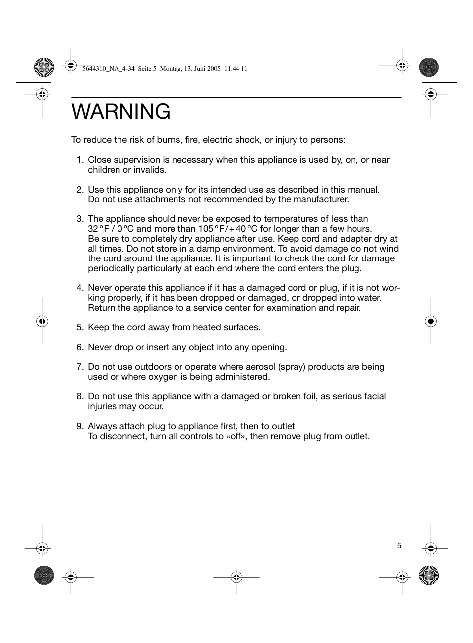 Warning | Braun 8585 Activator  EU User Manual | Page 5 / 32