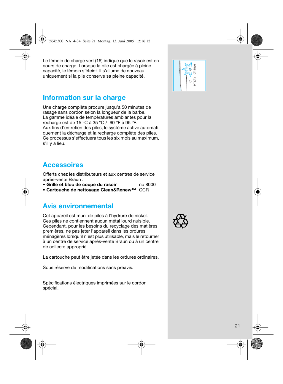 Information sur la charge, Accessoires, Avis environnemental | Braun 8781 Activator User Manual | Page 21 / 32