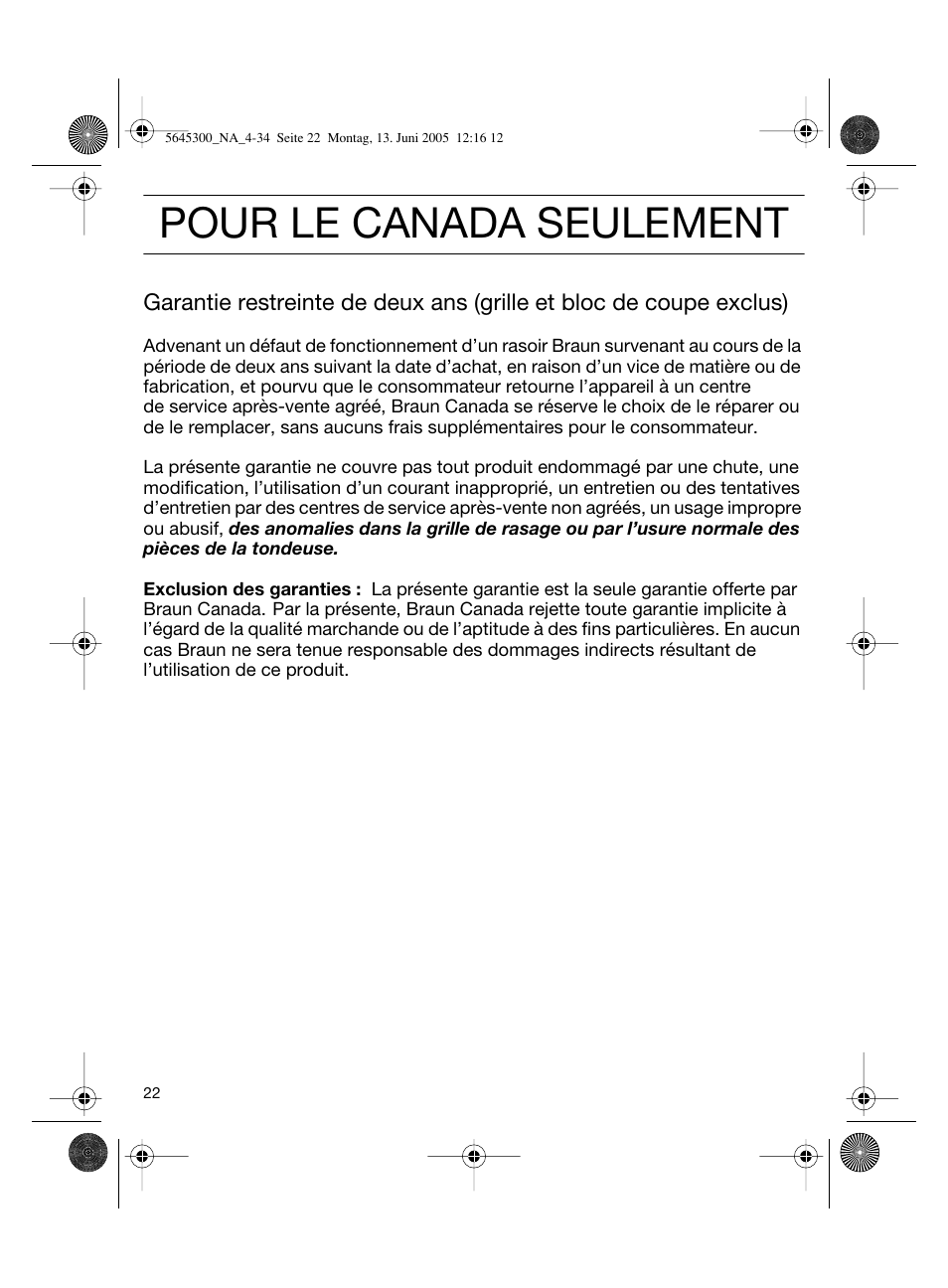 Pour le canada seulement | Braun 8781 Activator User Manual | Page 22 / 32