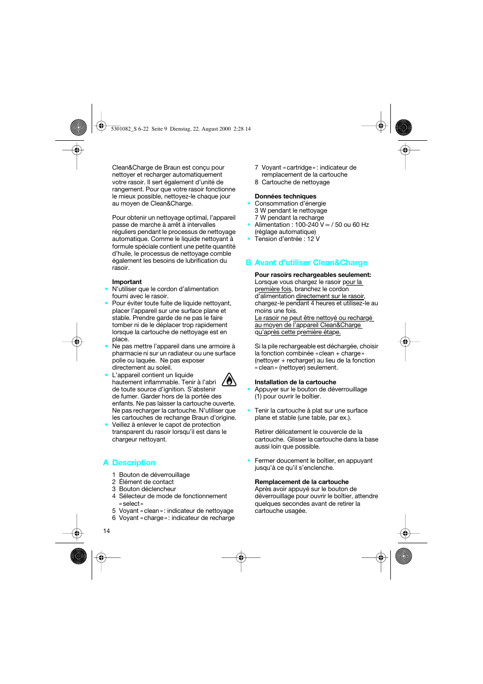 A description, B avant d’utiliser clean&charge | Braun Clean & Charge (Syncro) User Manual | Page 13 / 21
