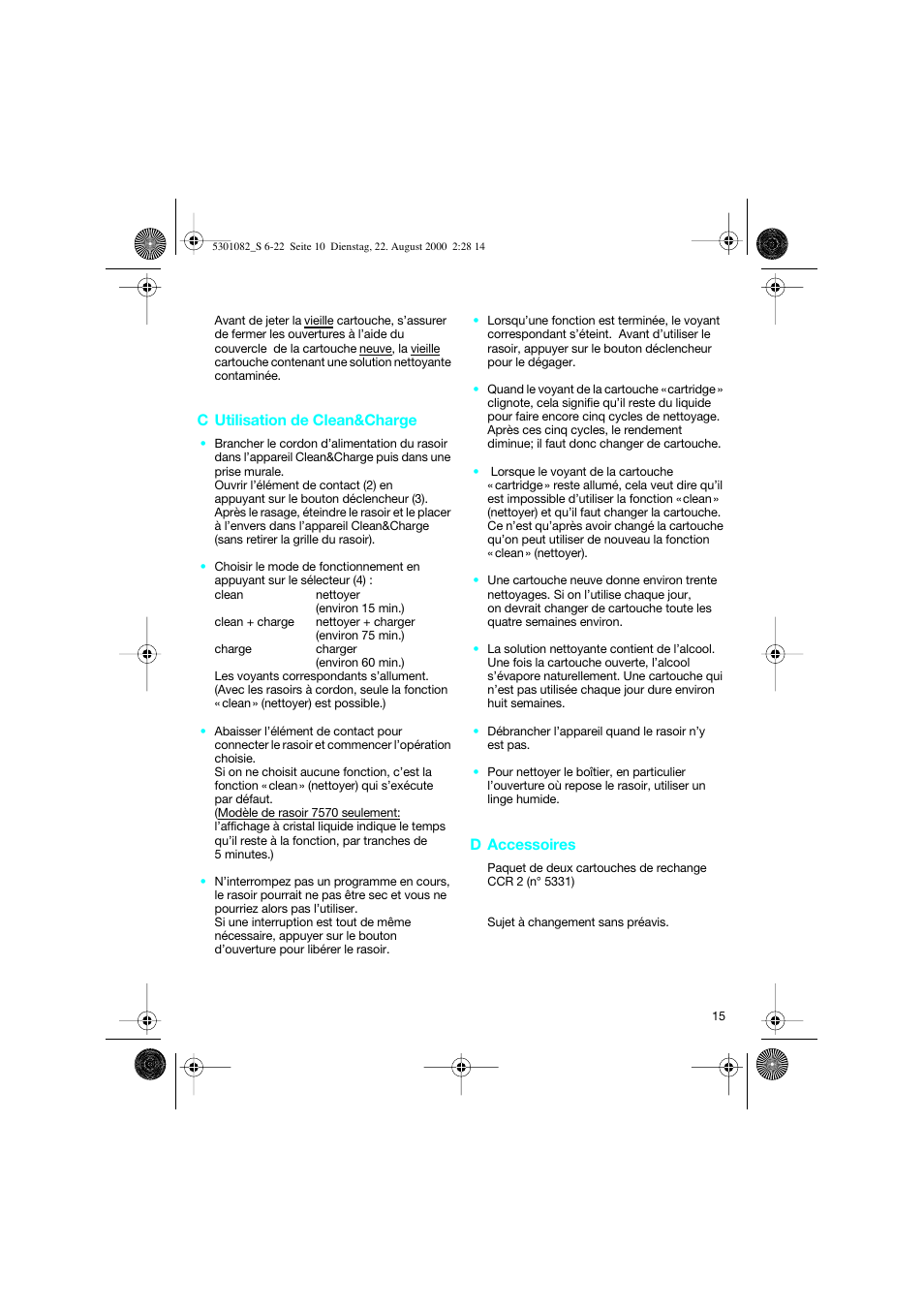 C utilisation de clean&charge, D accessoires | Braun Clean & Charge (Syncro) User Manual | Page 14 / 21