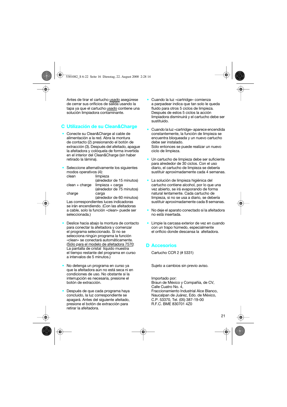 C utilización de su clean&charge, D accesorios | Braun Clean & Charge (Syncro) User Manual | Page 20 / 21