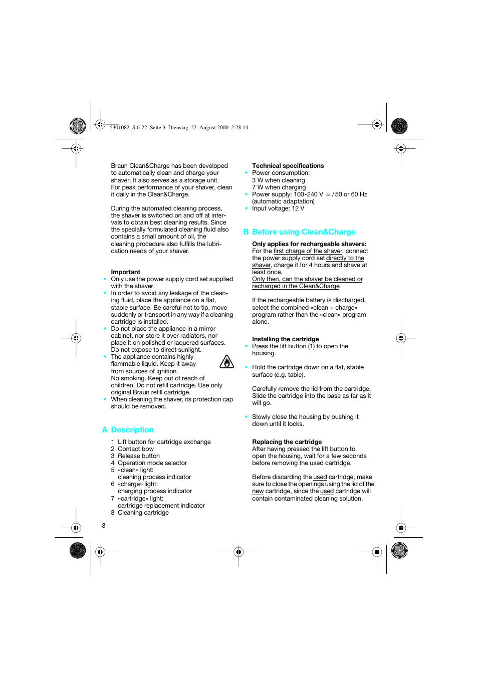 A description, B before using clean&charge | Braun Clean & Charge (Syncro) User Manual | Page 7 / 21