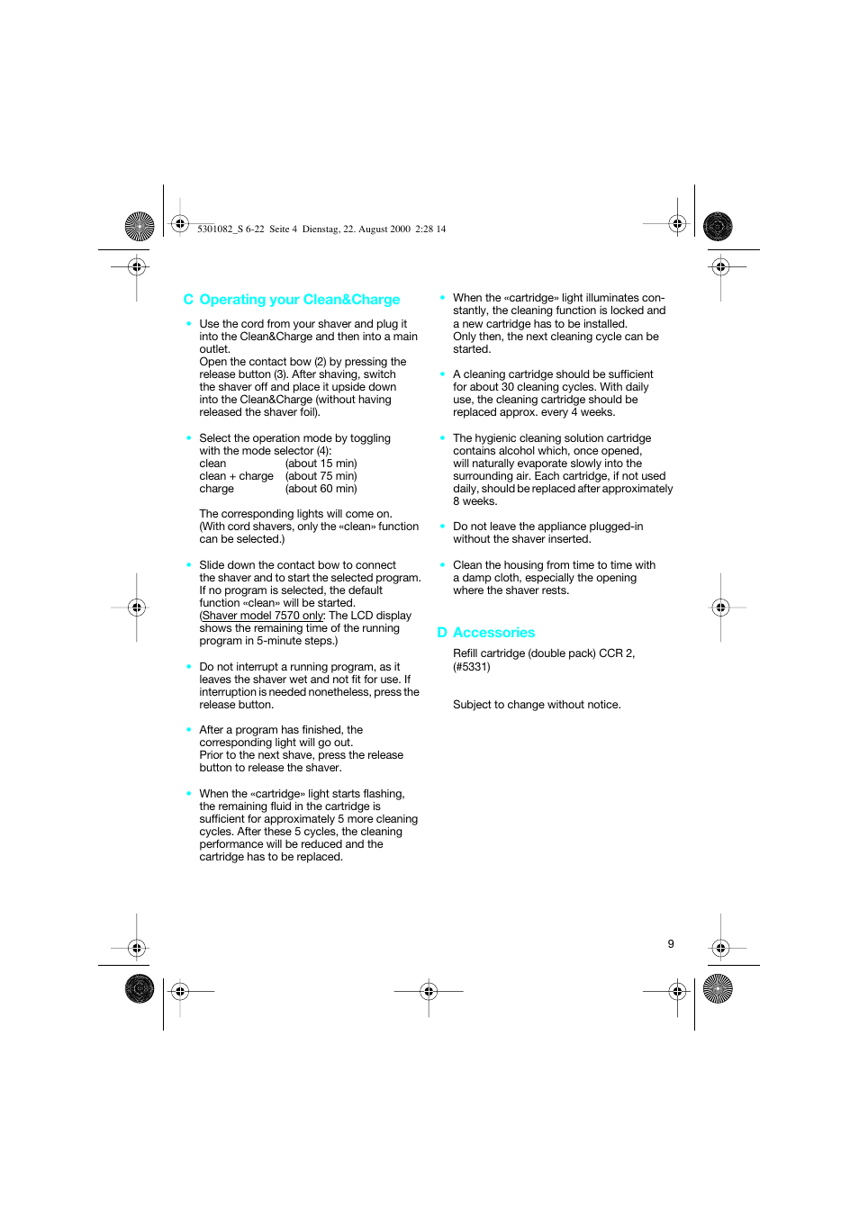 C operating your clean&charge, D accessories | Braun Clean & Charge (Syncro) User Manual | Page 8 / 21