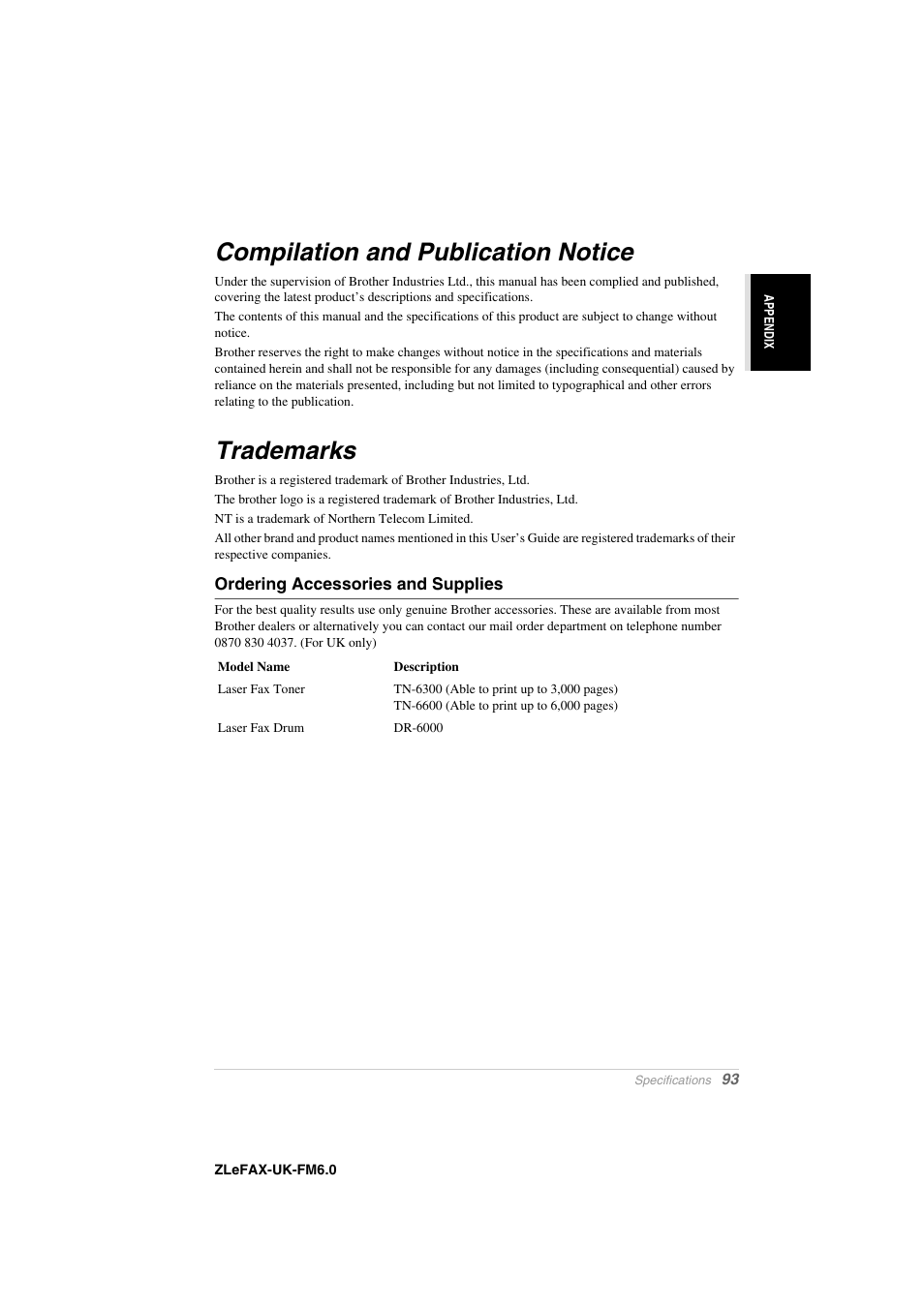 Compilation and publication notice, Trademarks, Ordering accessories and supplies | Compilation and publication notice trademarks | Brother FAX-8360P User Manual | Page 101 / 112