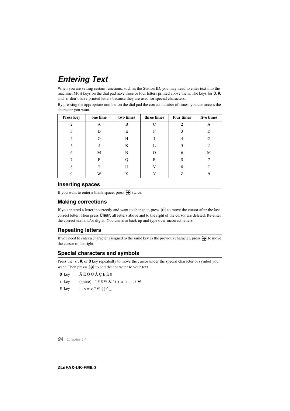 Entering text, Inserting spaces, Making corrections | Repeating letters, Special characters and symbols | Brother FAX-8360P User Manual | Page 102 / 112