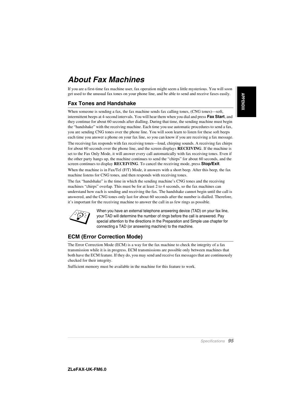 About fax machines, Fax tones and handshake, Ecm (error correction mode) | Brother FAX-8360P User Manual | Page 103 / 112
