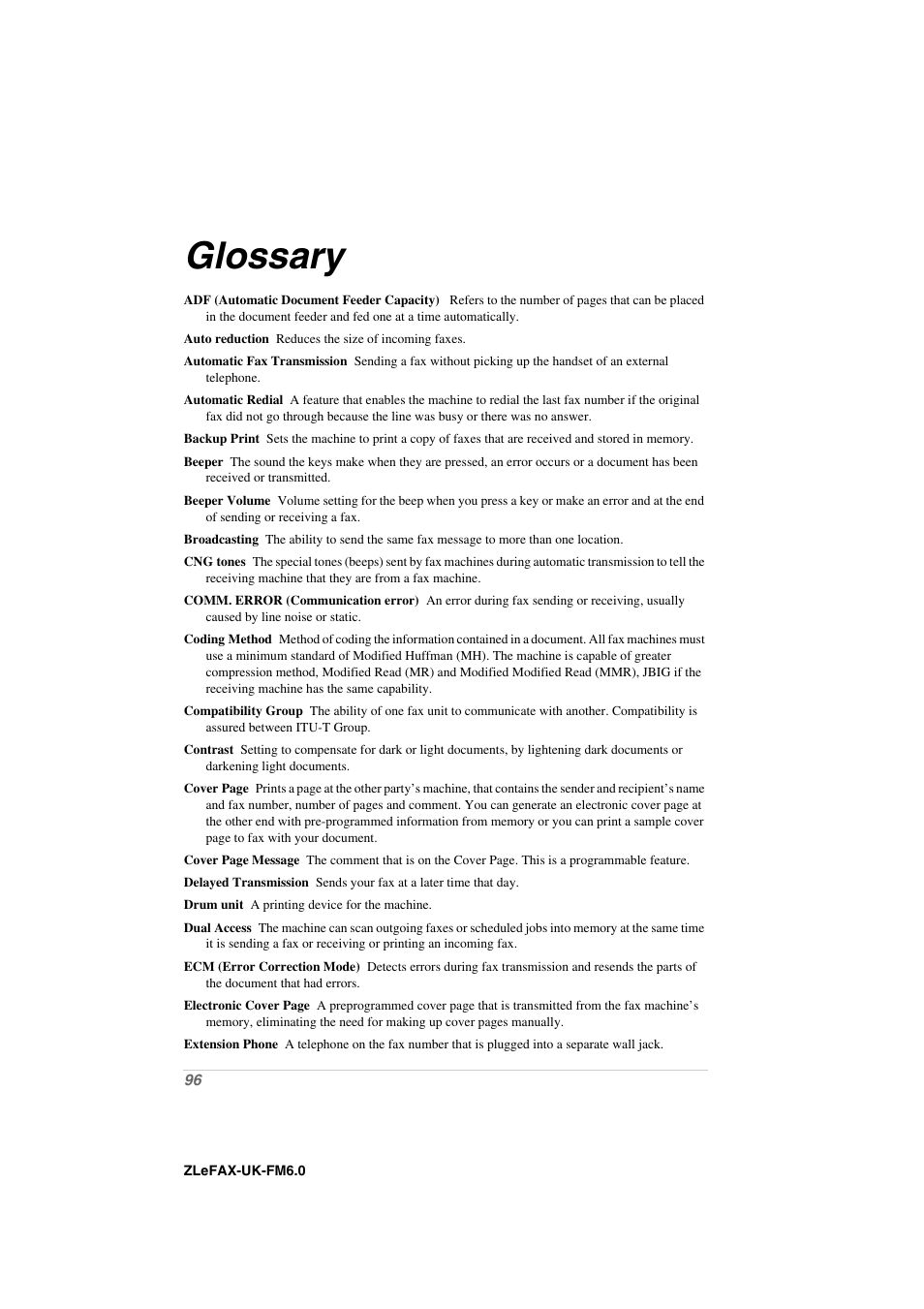 Glossary | Brother FAX-8360P User Manual | Page 104 / 112