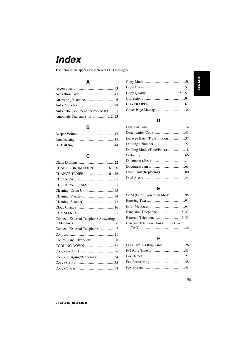 Index | Brother FAX-8360P User Manual | Page 107 / 112