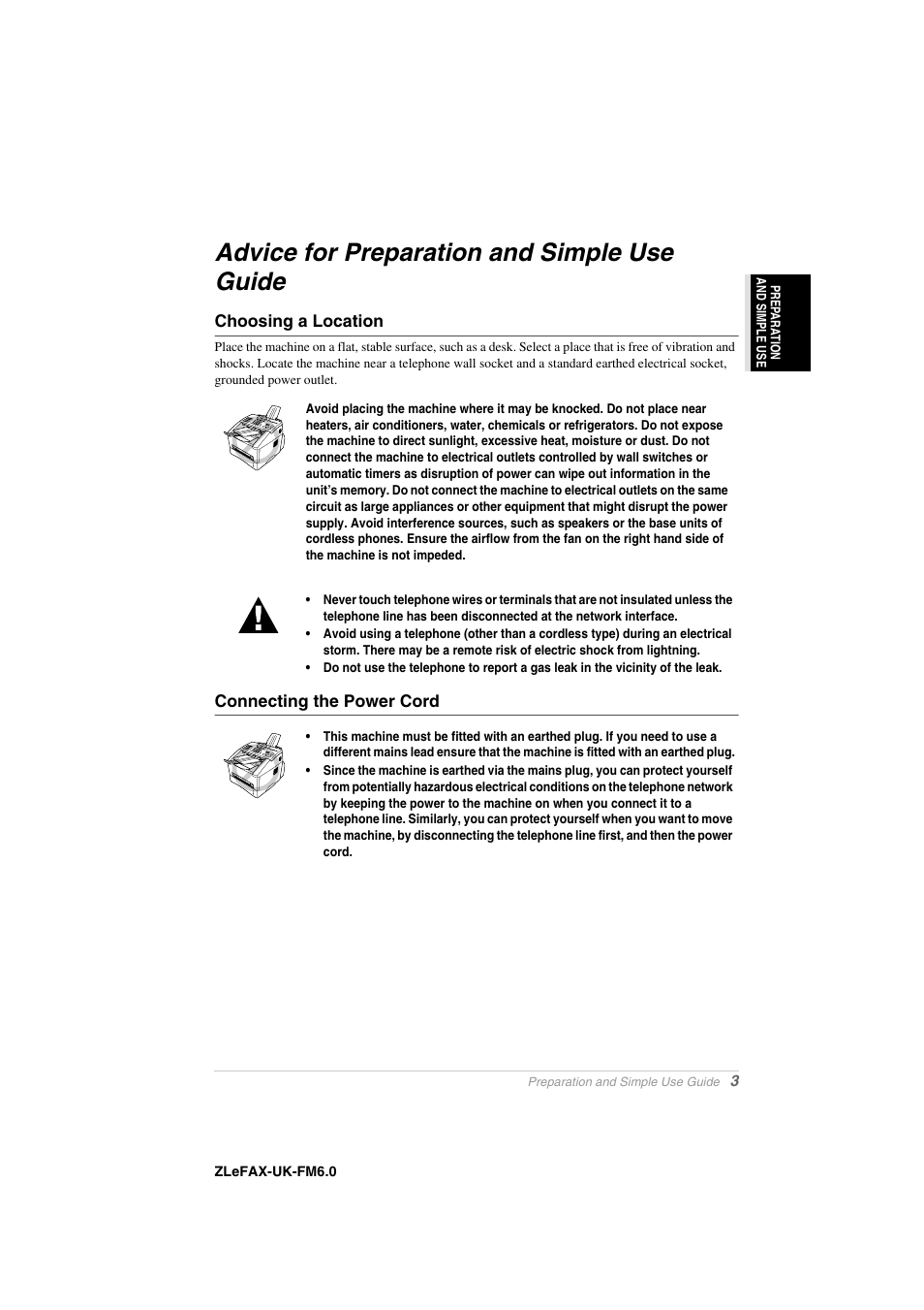 Advice for preparation and simple use guide, Choosing a location, Connecting the power cord | Brother FAX-8360P User Manual | Page 11 / 112