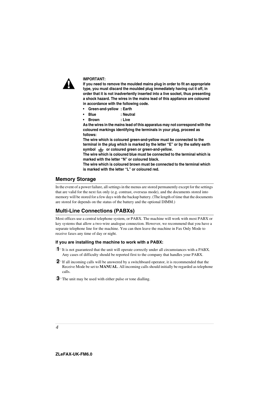 Memory storage, Multi-line connections (pabxs) | Brother FAX-8360P User Manual | Page 12 / 112