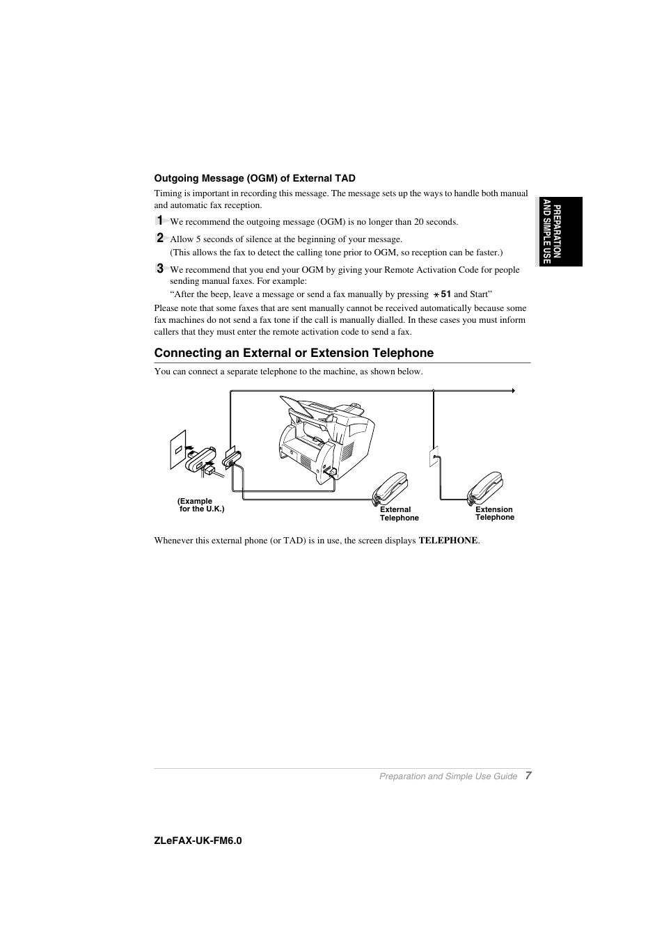 Outgoing message (ogm) of external tad, Connecting an external or extension telephone | Brother FAX-8360P User Manual | Page 15 / 112