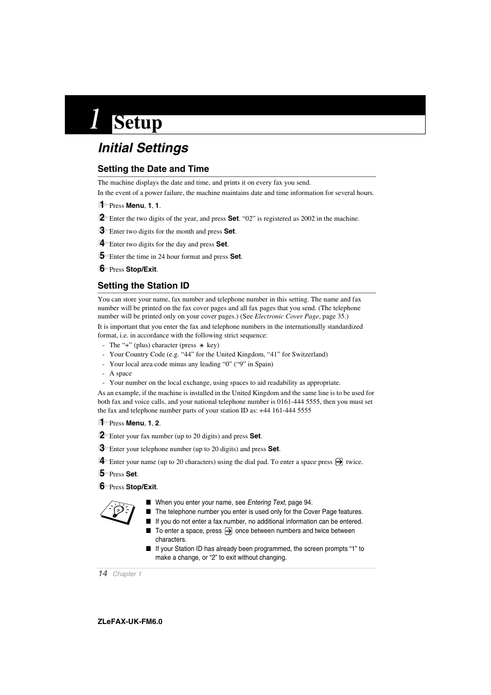 1 setup, Initial settings, Setting the date and time | Setting the station id, Chapter 1, Setup | Brother FAX-8360P User Manual | Page 22 / 112