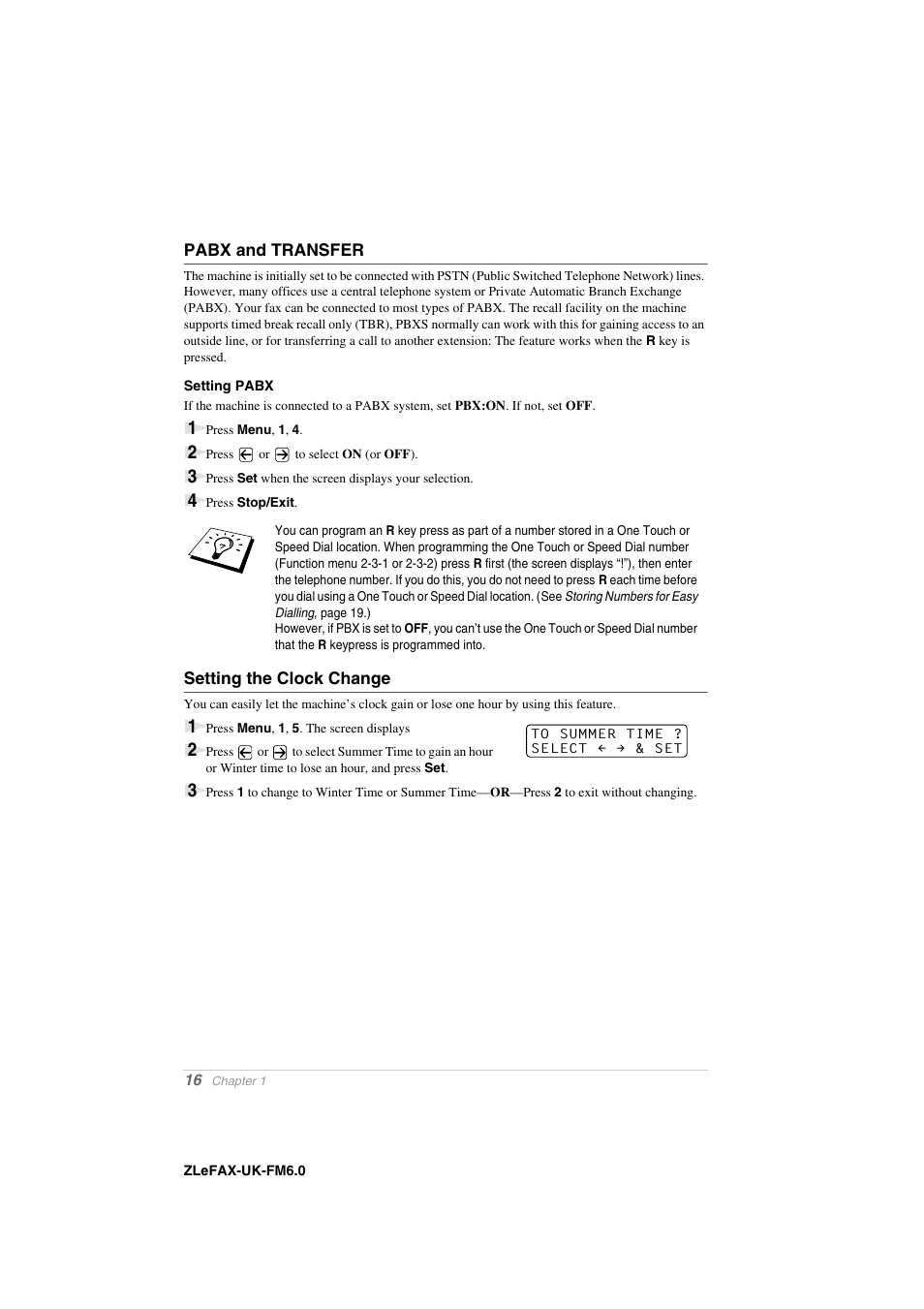 Pabx and transfer, Setting pabx, Setting the clock change | Brother FAX-8360P User Manual | Page 24 / 112