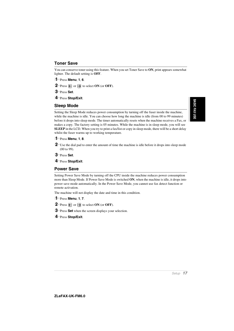 Toner save, Sleep mode, Power save | Brother FAX-8360P User Manual | Page 25 / 112