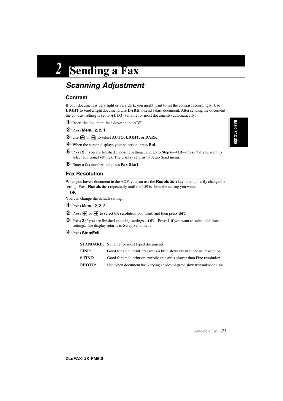 2 sending a fax, Scanning adjustment, Contrast | Fax resolution, Chapter 2, Sending a fax | Brother FAX-8360P User Manual | Page 29 / 112