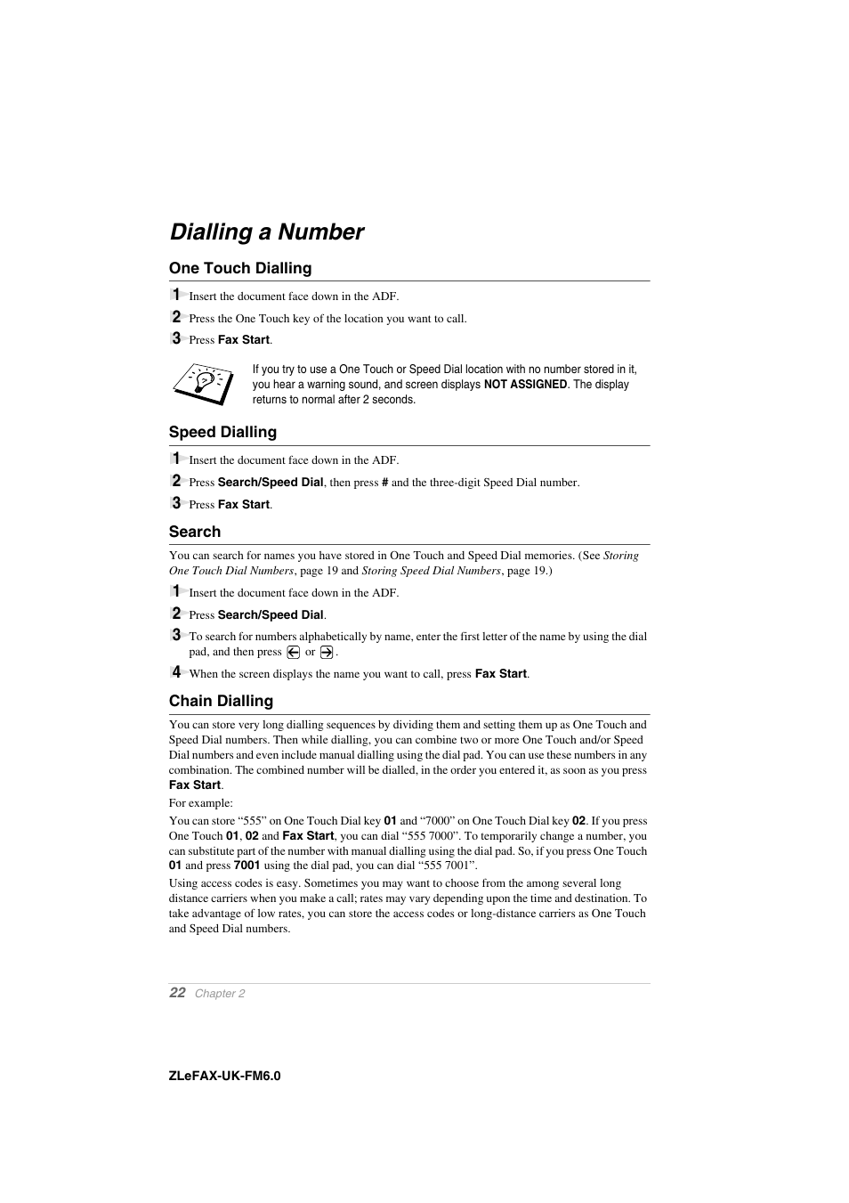 Dialling a number, One touch dialling, Speed dialling | Search, Chain dialling | Brother FAX-8360P User Manual | Page 30 / 112